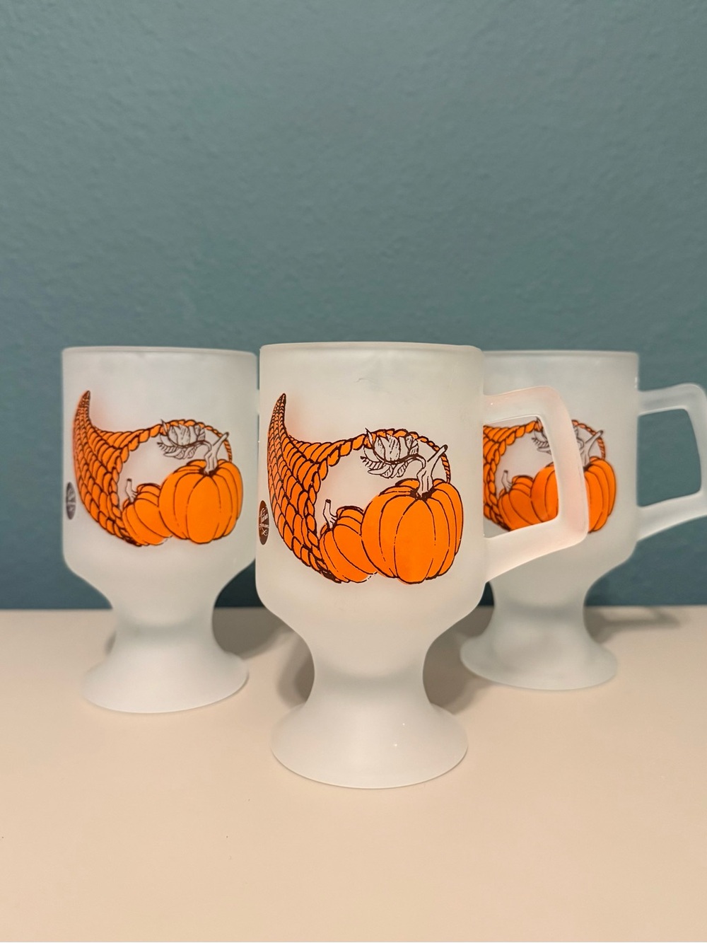 Indiana Tiara glassware Harvest Cornucopia pumpkin mugs Three Set Of 3